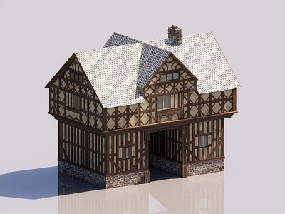 Tudor Style Detached House with Timber Frame Design White Roof and Stone Base 3d model