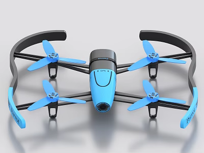 Blue And Black Drone With Four Propellers Protective Frame And Camera Lens 3d model