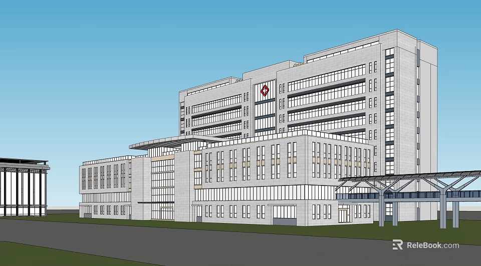 Modern Hospital Building Exterior With Red Cross Symbol Glass Facade And Multiple Floors 3d model 