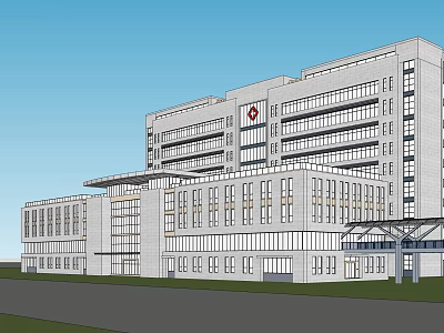Modern Hospital Building Exterior With Red Cross Symbol Glass Facade And Multiple Floors 3d model