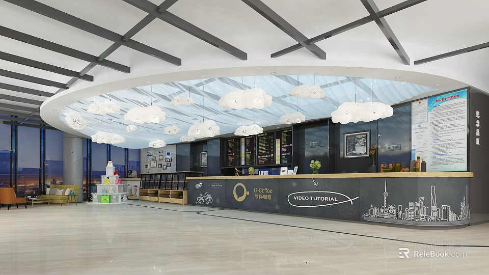 Modern Café Interior With Cloud Pendant Lights Open Counter And Decorative Wall 3d model 