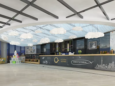 Modern Café Interior With Cloud Pendant Lights Open Counter And Decorative Wall 3d model