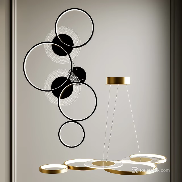 Modern Chandelier with Black and Gold Circular Metal Rings in Minimalist Interior 3d model 