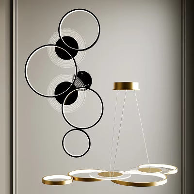 Modern Chandelier with Black and Gold Circular Metal Rings in Minimalist Interior 3d model