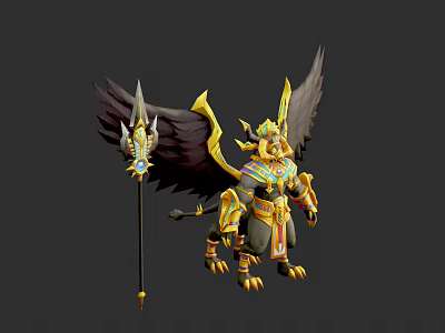 Mythical Warrior Character With Golden Armor And Black Winged Creature Design 3d model