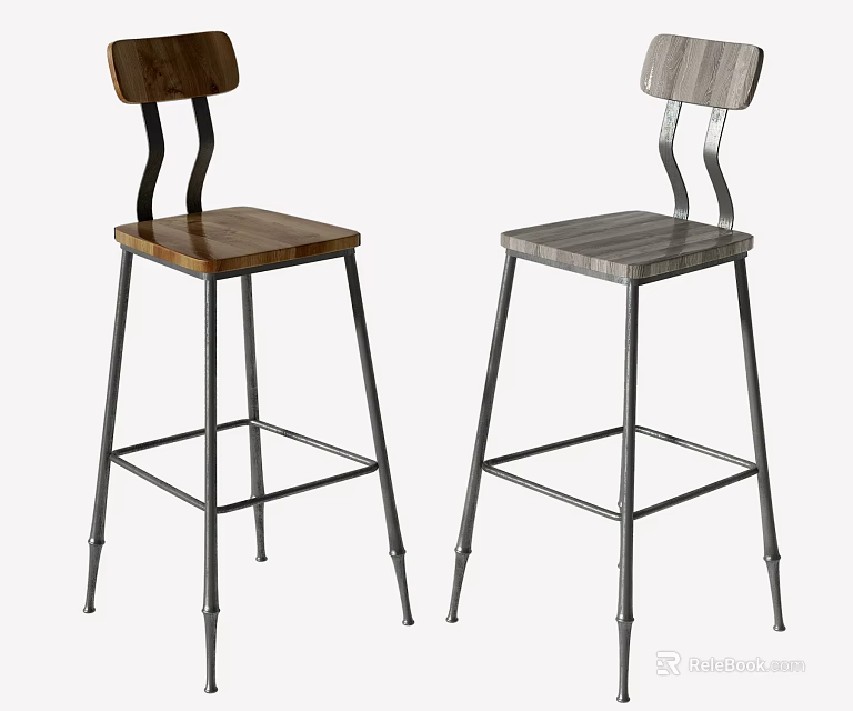 Two Modern Bar Stools With Wooden And Gray Seats And Metal Frames Design 3d model 