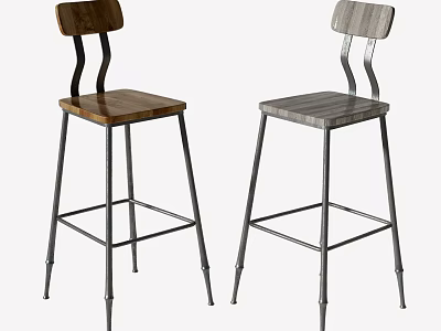 Two Modern Bar Stools With Wooden And Gray Seats And Metal Frames Design 3d model