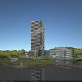 Modern Commercial Complex With Tall Building Low-Rise Buildings Greenery Waterfront And Landscape Design