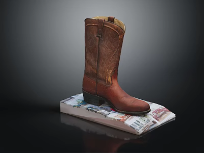 Classic Brown Leather Cowboy Boots Placed On Neat Stack Of Colorful Banknotes 3d model