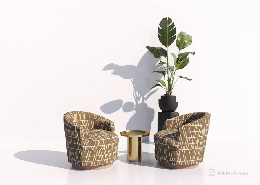 Elegant Casual Sofa Set With Plaid Pattern Chairs Golden Round Table And Green Plant 3d model 