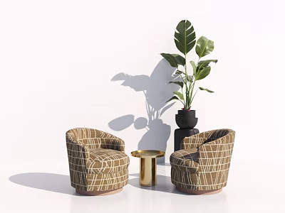 Elegant Casual Sofa Set With Plaid Pattern Chairs Golden Round Table And Green Plant 3d model