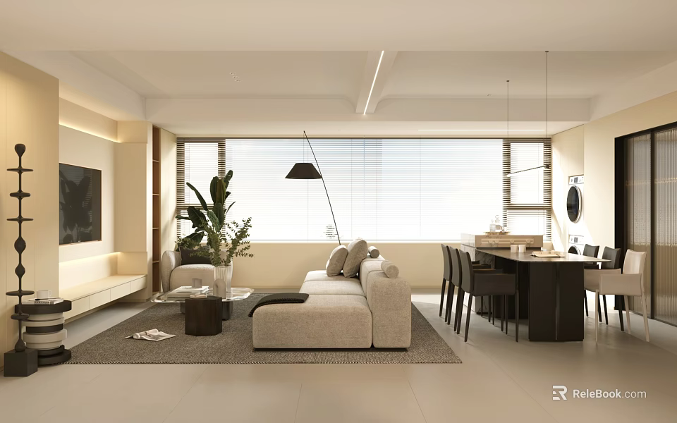 Modern Living and Dining Room Interior With Beige Sofa Dining Table Plants And Large Windows 3d model 