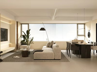 Modern Living and Dining Room Interior With Beige Sofa Dining Table Plants And Large Windows 3d model