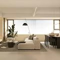Modern Living and Dining Room Interior With Beige Sofa Dining Table Plants And Large Windows