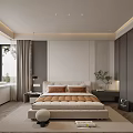 Modern Bedroom with Gray Bedspread Nightstands Wall Painting White Cabinet Circular Holes and Desk Chair
