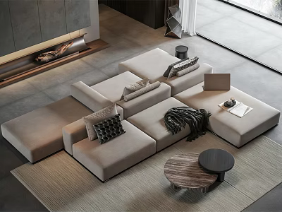 Spacious Modern Living Room With Beige Sofa Cushions Blanket Round Wooden Coffee Table Fireplace 3d model