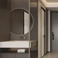 Modern Bathroom Vanity With White Countertop Round Backlit Mirror Grey Walls And Glass Shower