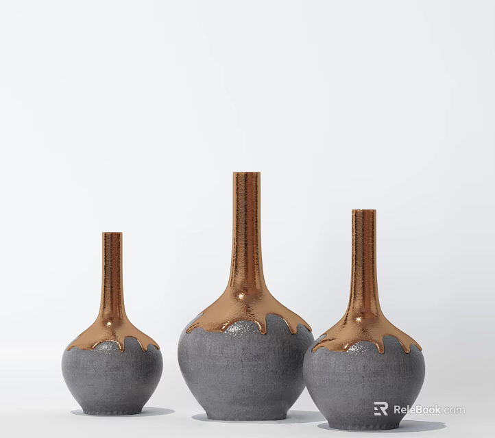 Three Gray Vases With Copper Gradient Decoration Similar Shape Different Sizes White Background 3d model