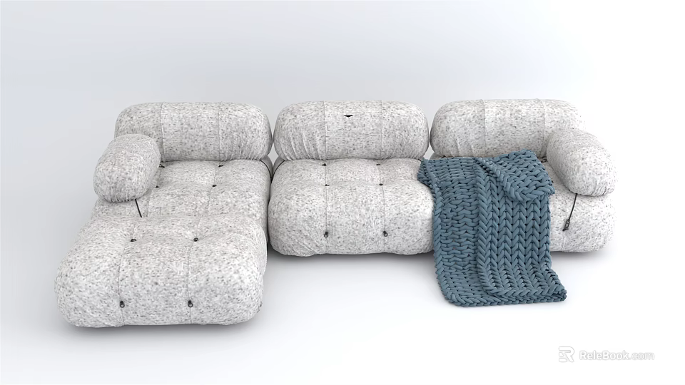 Modern Multi Person Sofa With Gray Textured Fabric And Blue Knit Blanket 3d model 