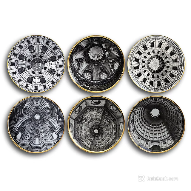 Six Circular Wall Decor Pieces With Golden Rim And Architectural Dome Patterns For Interior 3d model