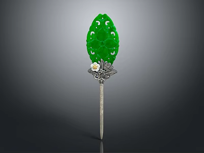 Elegant Green Jade Leaf Shaped Hairpin With Carved Openwork And Silver Flower Decoration 3d model