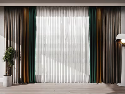 Modern Green Brown Velvet Curtains With White Sheer And Wooden Floor Lamp Plant 3d model