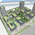 Modern Office Building Complex With Central Green Landscaping And Tall Skyscrapers