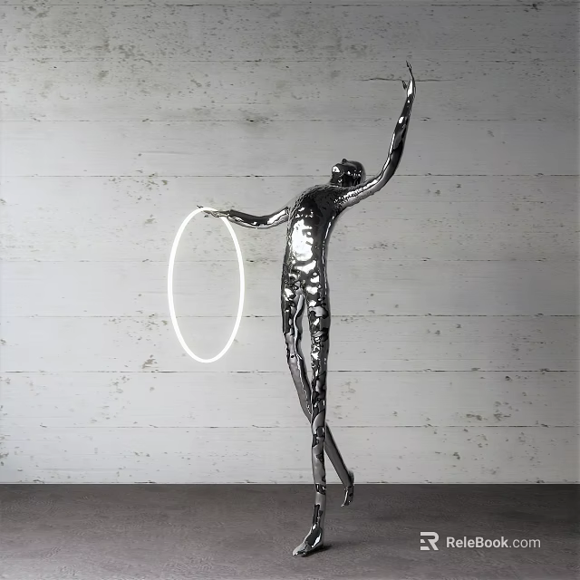 Metallic Silver Human Figure Sculpture With Dynamic Hula Hoop Pose Against Gray Wall 3d model 