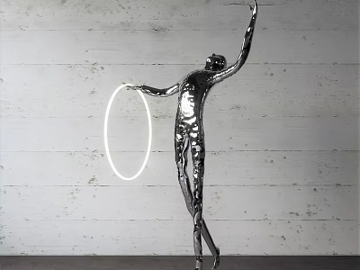 Metallic Silver Human Figure Sculpture With Dynamic Hula Hoop Pose Against Gray Wall 3d model