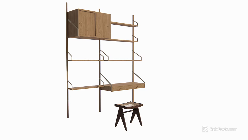 Modern Wooden Vanity With Open Shelves And Matching Stool Design 3d model 