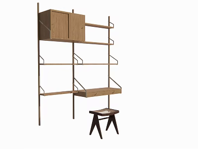 Modern Wooden Vanity With Open Shelves And Matching Stool Design 3d model
