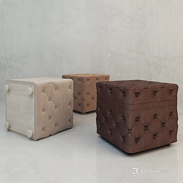 Upholstered Sofa Stools with Tufted Design in Light Beige Medium and Dark Brown 3d model