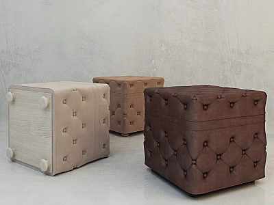 Upholstered Sofa Stools with Tufted Design in Light Beige Medium and Dark Brown 3d model