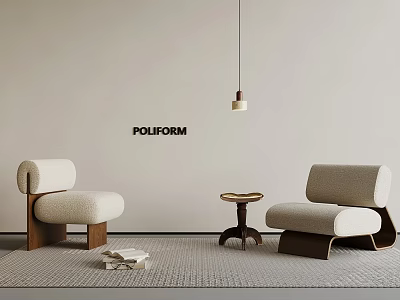POLIFORM Modern Armchairs With Wooden Legs Round Side Table And Hanging Lamp 3d model