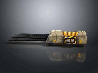 Futuristic Mechanical Weapon Design With Yellow Stripes Circular Dials And Long Blade 3d model