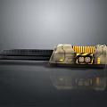 Futuristic Mechanical Weapon Design With Yellow Stripes Circular Dials And Long Blade