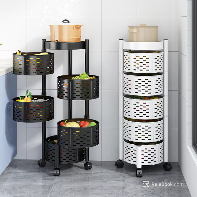Black And White Bathroom Storage Racks With Rotating Tiers And Wheels 3d model 