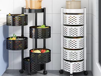 Black And White Bathroom Storage Racks With Rotating Tiers And Wheels 3d model
