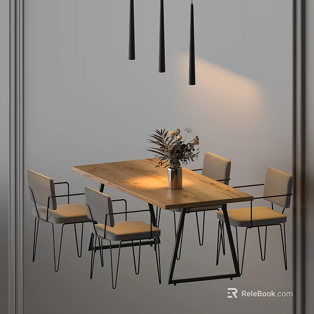 Minimalist Wooden Dining Table With Metal Frame Chairs And Plant Vase Under Pendant Lights 3d model 
