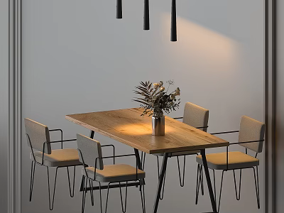 Minimalist Wooden Dining Table With Metal Frame Chairs And Plant Vase Under Pendant Lights 3d model