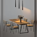 Minimalist Wooden Dining Table With Metal Frame Chairs And Plant Vase Under Pendant Lights