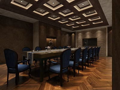Modern Conference Room With Long Table Blue Chairs Wooden Flooring And Ceiling Lighting 3d model