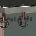 Two Rustic Wooden Chandeliers With Glass Shades And Candle Lights Hanging From Gray Concrete Ceiling In Light Blue Room