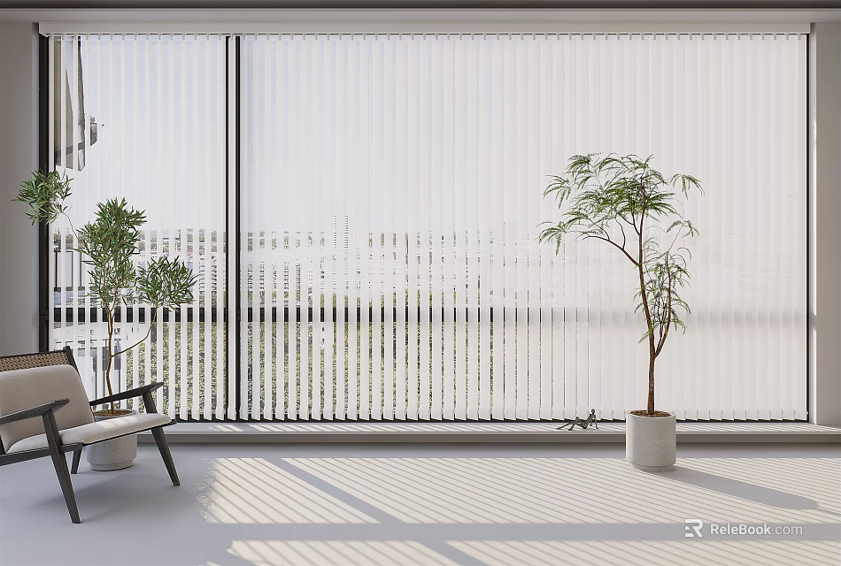 White Window Blinds Modern Interior With Light Shadows Plants And Chair 3d model