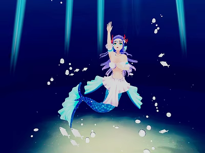 Elegant Purple Haired Mermaid Character In Underwater Environment With Blue Tail Bubbles And Light Rays 3d model