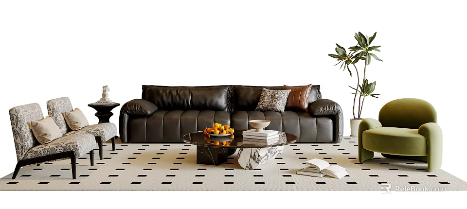 Black Leather Sofa with Decorative Cushions and Glass Marble Coffee Table Set with Fruit Books on Patterned Rug 3d model 