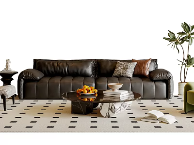 Black Leather Sofa with Decorative Cushions and Glass Marble Coffee Table Set with Fruit Books on Patterned Rug 3d model