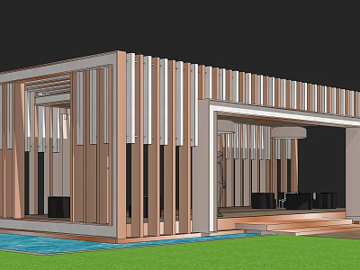 Modern Pergola With Wooden Slats Design In Grass And Water Feature Area 3d model