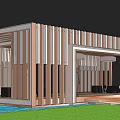Modern Pergola With Wooden Slats Design In Grass And Water Feature Area