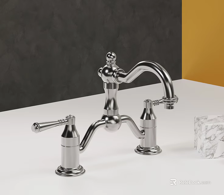 Polished Chrome Double Handle Faucet with Marble Soap Dish on White Countertop against Gray Wall 3d model 